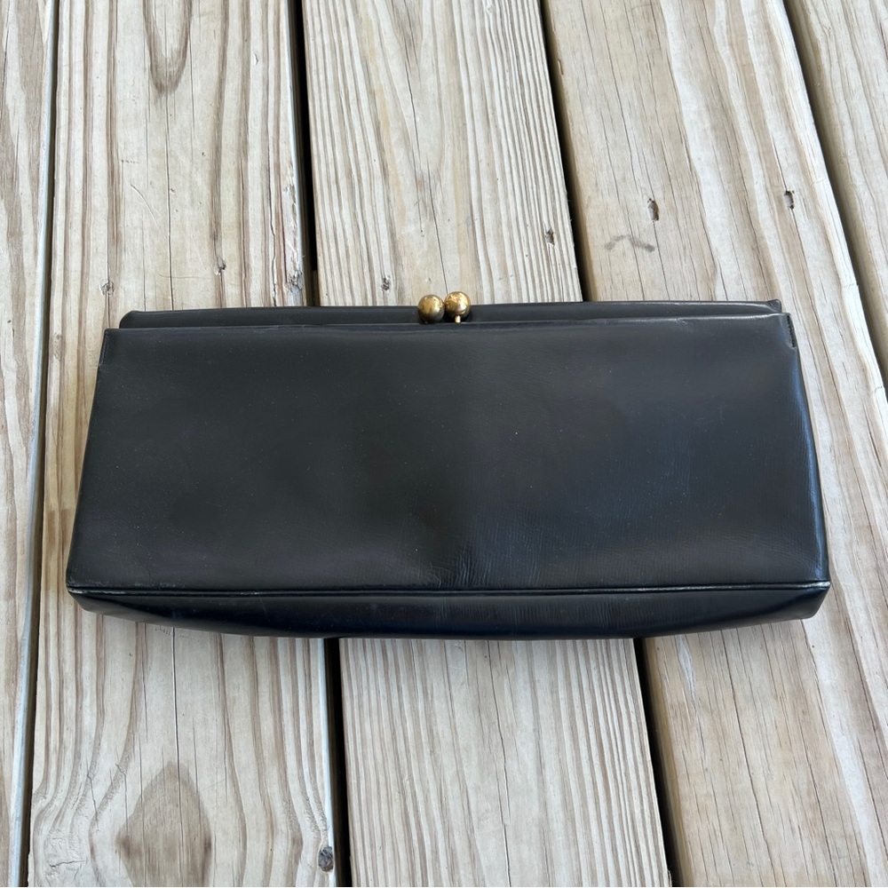 Vintage Black Clutch Large with Gold Kisslock Clasp Vinyl